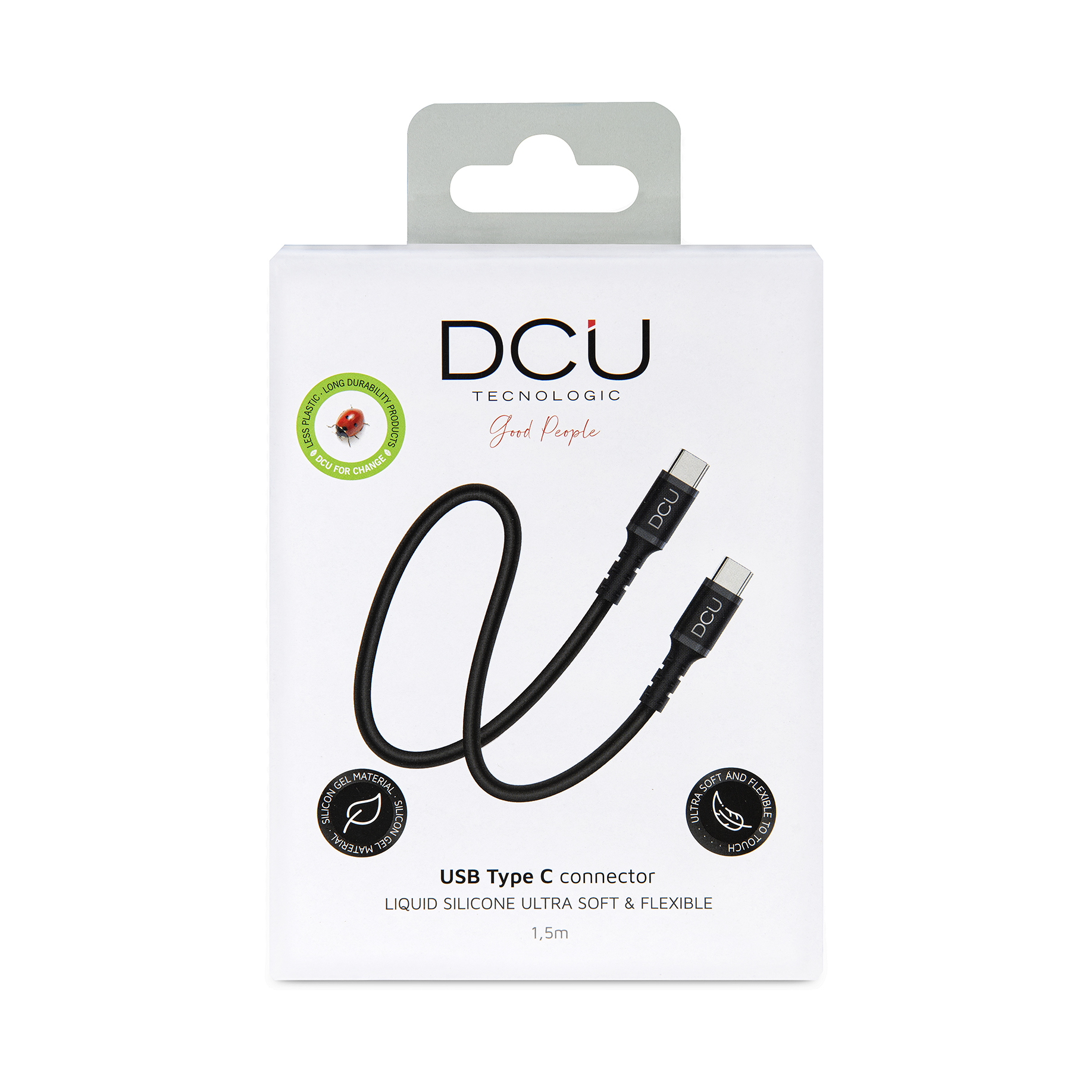 USB Type C-kabel in een witte doos, met tekst en logo bedrukt.