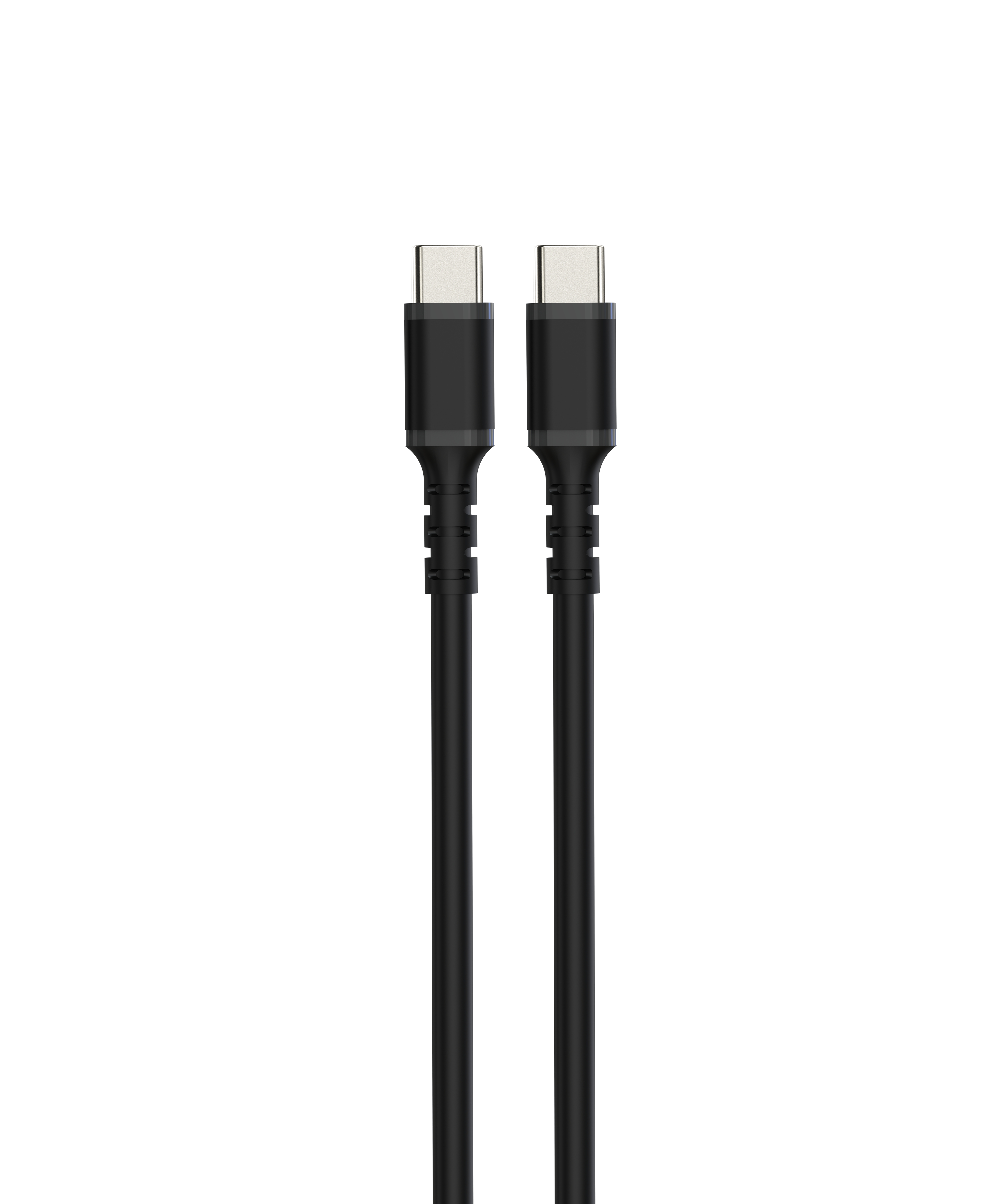 Twee zwarte USB-C kabels, naast elkaar, tegen een witte achtergrond.