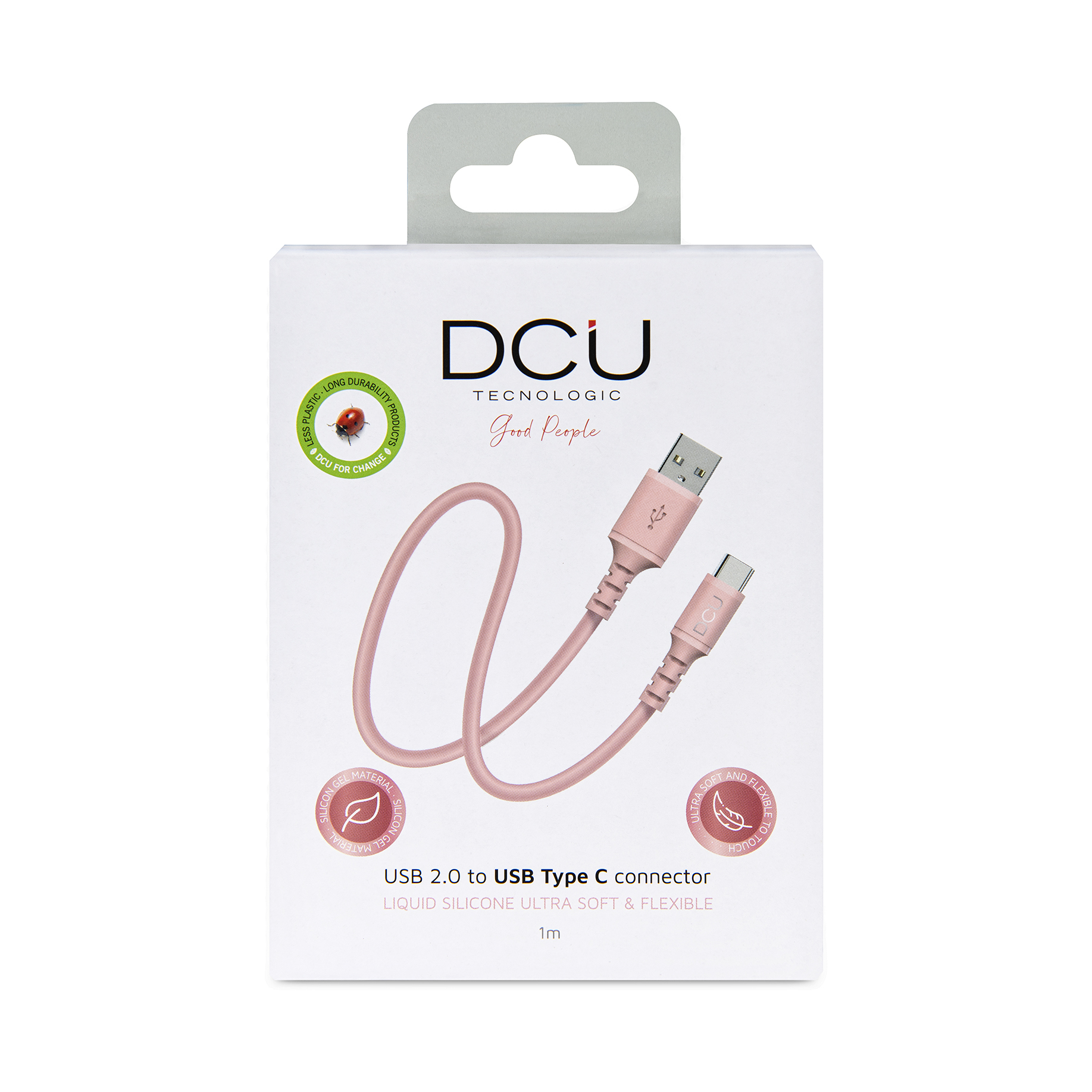 Cable conector USB 2.0 a USB Tipo C rosa, empaquetado en una caja blanca.