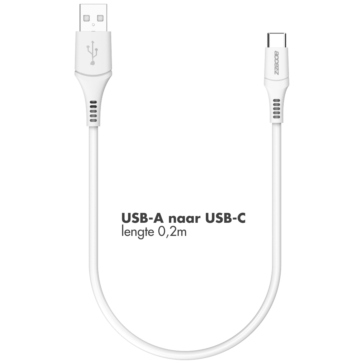 Un câble USB-A vers USB-C blanc avec un câble blanc et deux connecteurs. Le texte est en dessous du câble.