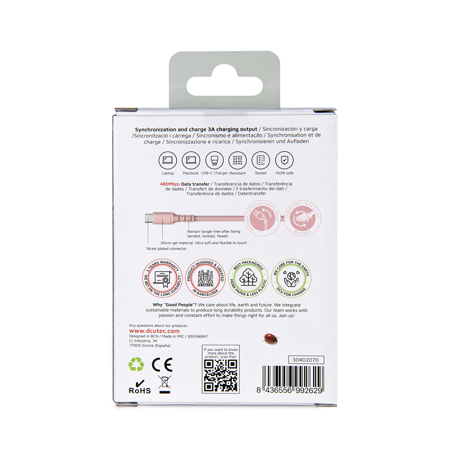 Caja de producto con salida de carga, USB-C y otras características. Texto multilingüe.