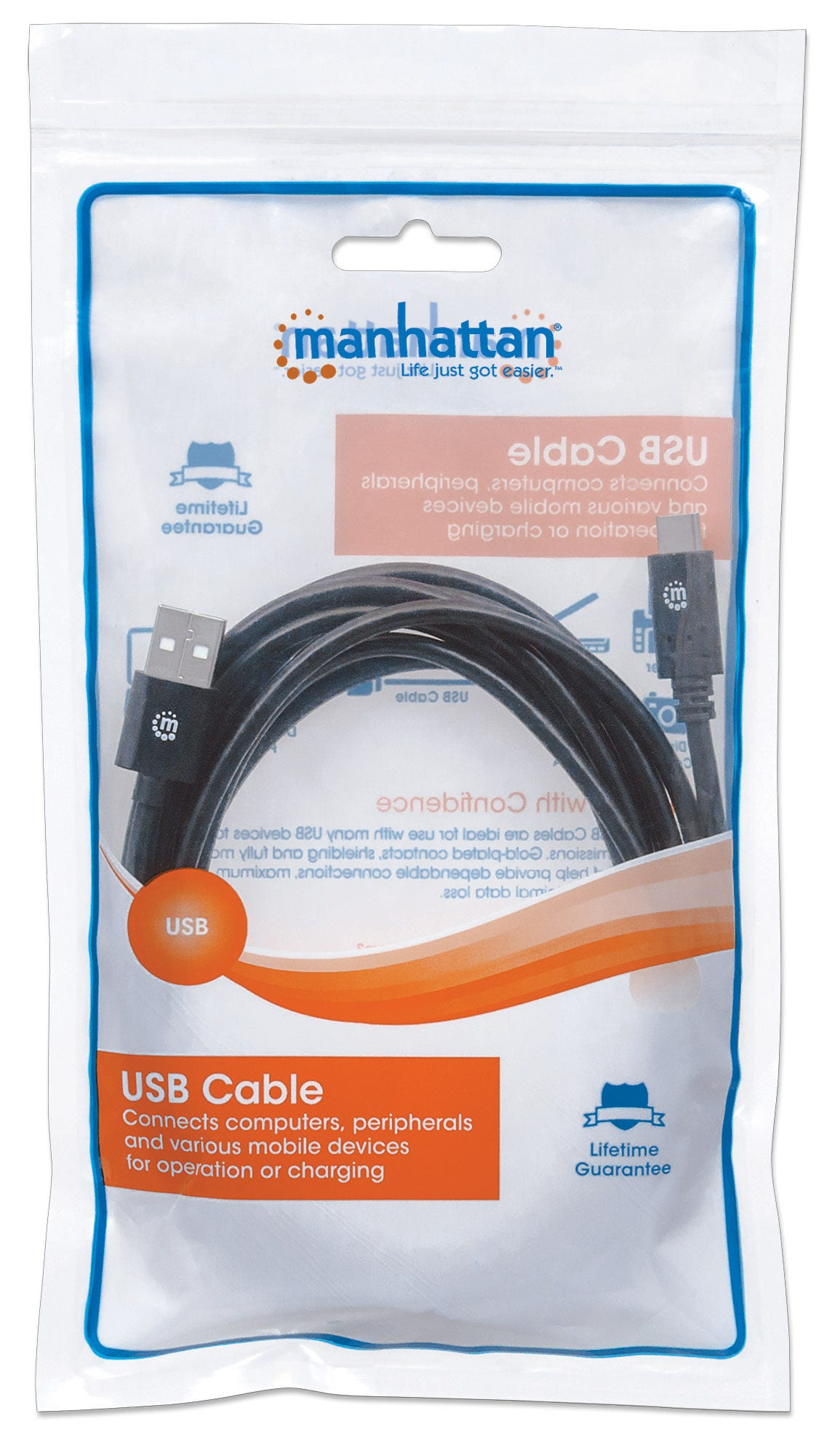 Busta di plastica trasparente con un cavo USB nero all'interno. La busta ha testo stampato e un bordo blu.