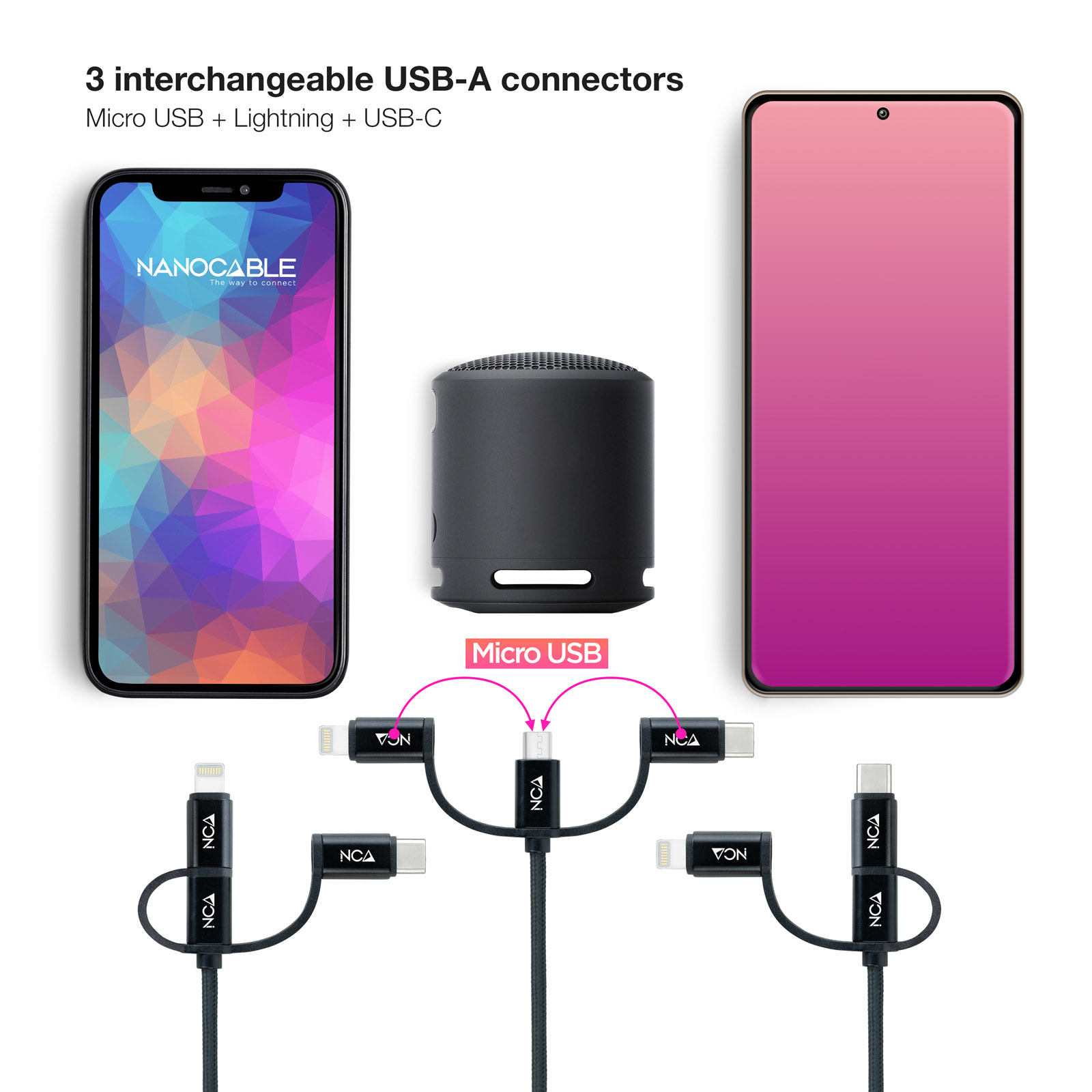Drie USB-connectoren met kabels en een luidspreker en twee telefoons.