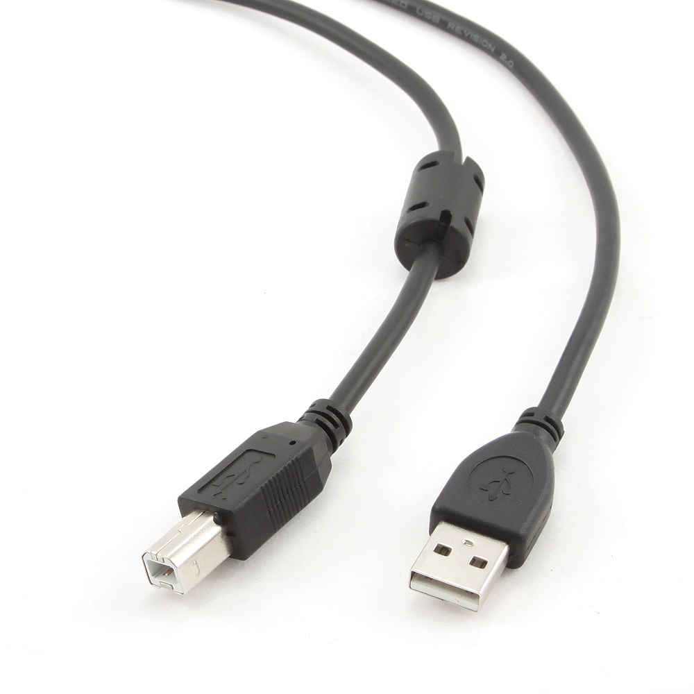 Czarny kabel USB z wtykami USB-A i USB-B, na białej powierzchni.