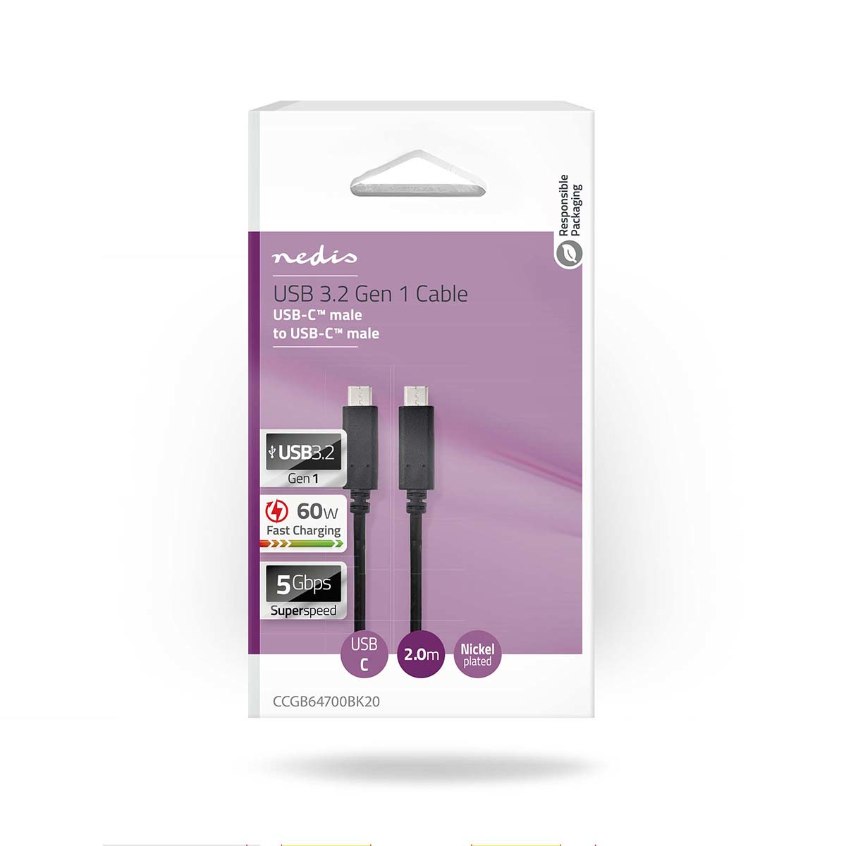 Weiße Box mit USB-C-Kabeln, beschriftet als USB 3.2 Gen 1, Schnellladen und 5 Gbit/s Superspeed.