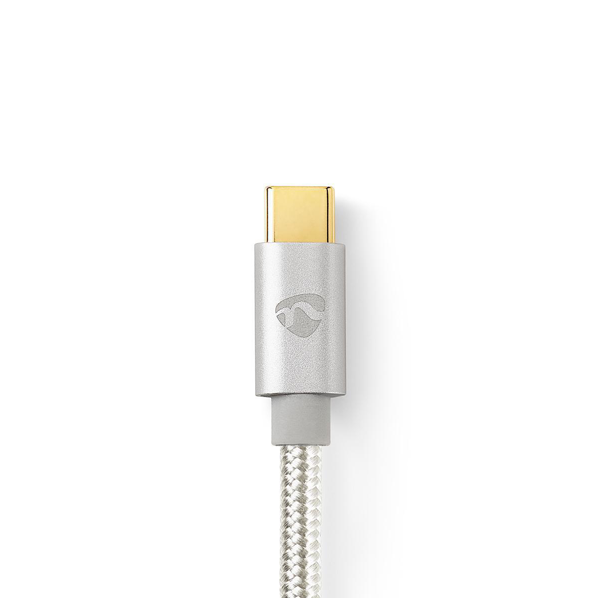 Close-up of a USB-C connector with a silver body and a gold-colored connector.