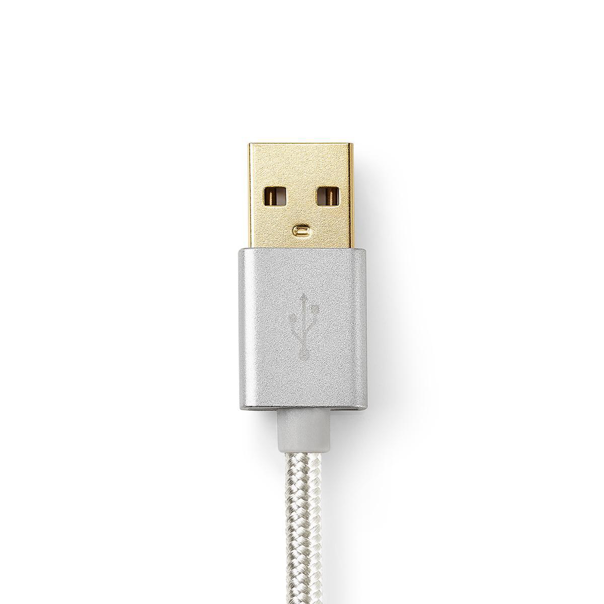 A gold-plated USB-A connector on a silver cable, with a USB symbol on the connector housing.