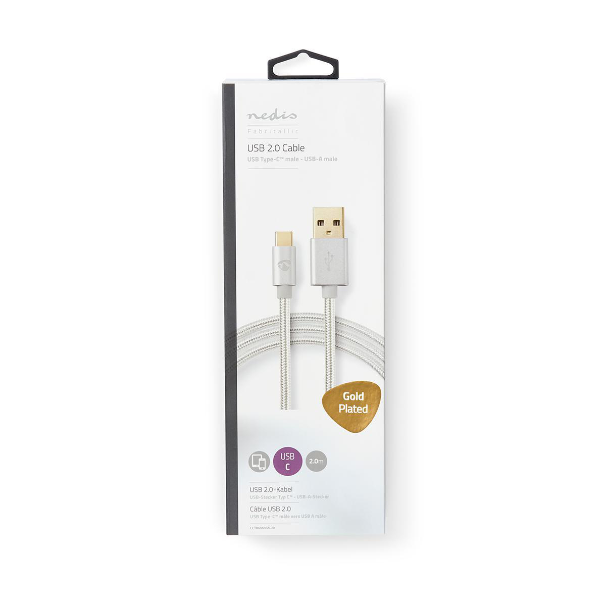 A white and silver USB 2.0 cable, packaged on a white background.