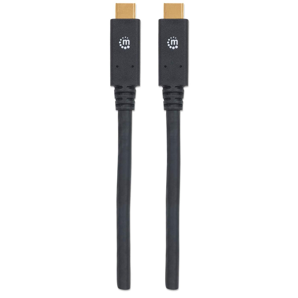 Due cavi USB-C neri con connettori dorati, su sfondo bianco.