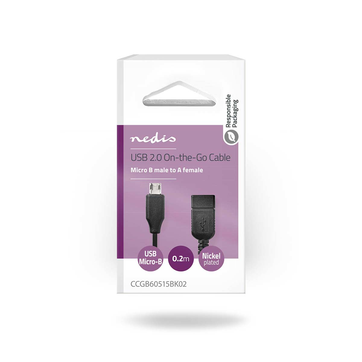 Confezione per cavo USB 2.0 On-the-Go, Micro-B a USB-A, design bianco e viola.
