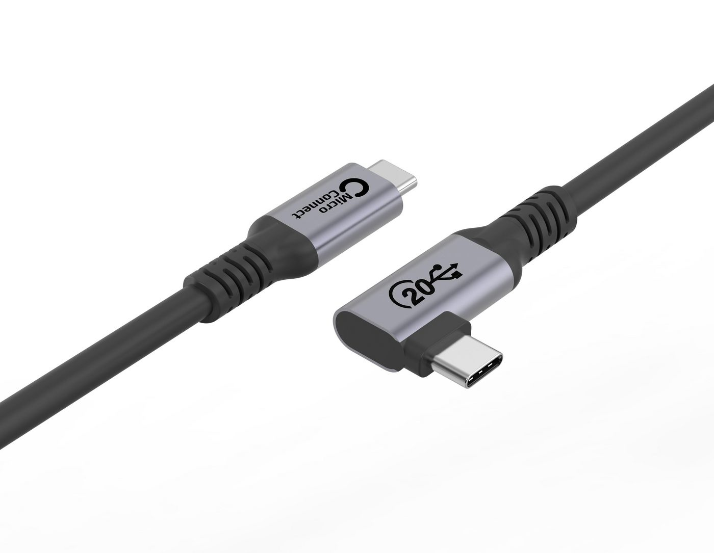 Un cavo USB-C a USB-C con connettore angolato, nero e grigio, su sfondo bianco.