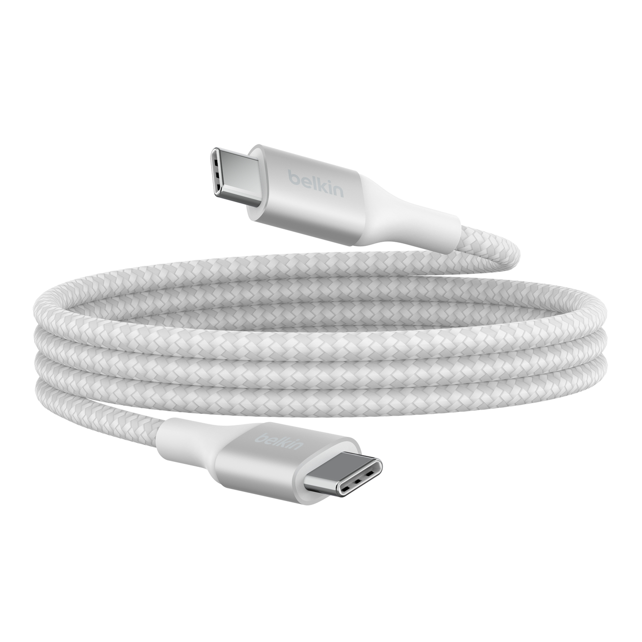 Witte Belkin USB-C kabel. De kabel is wit met grijze connectoren.