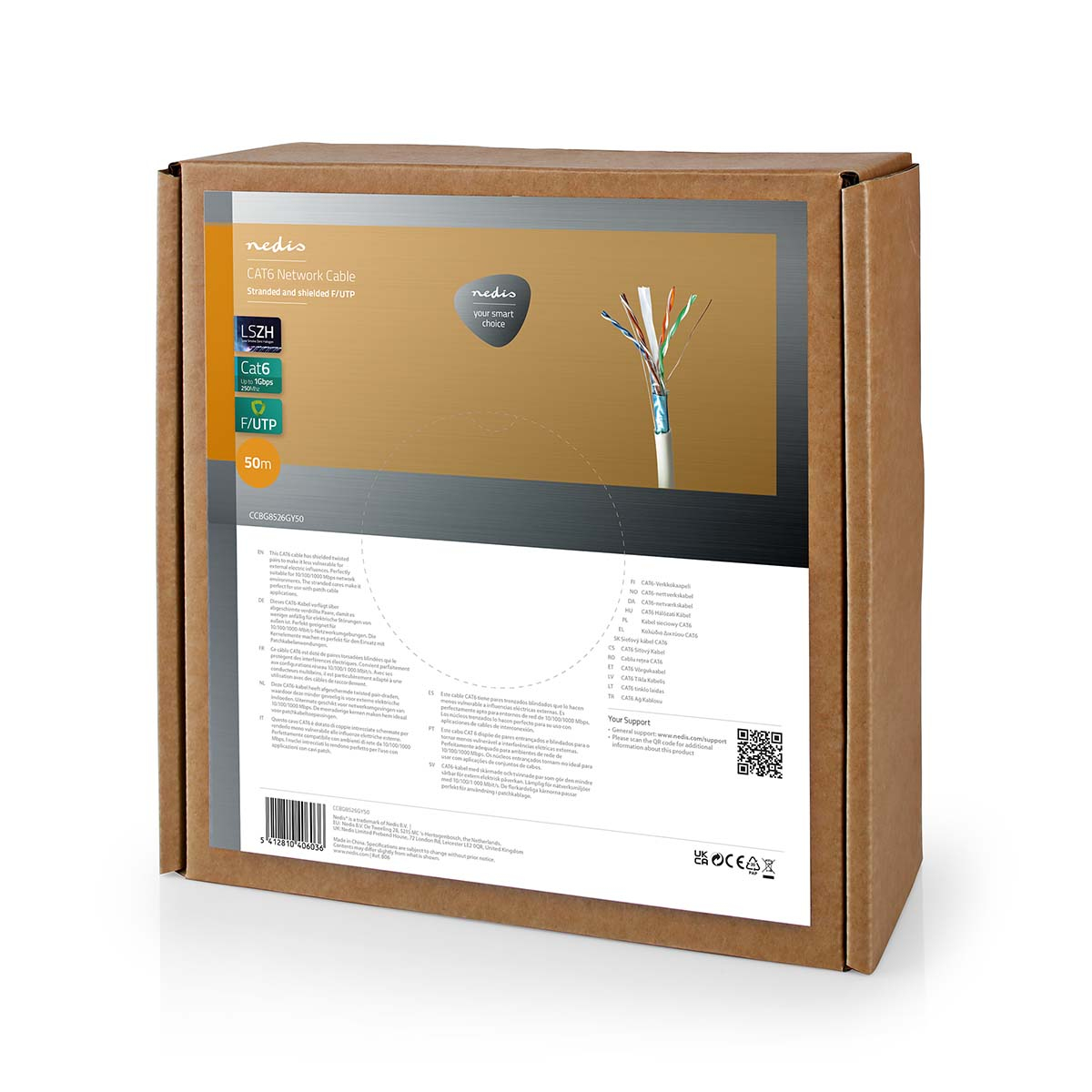 Brązowe pudełko z tekstem i kablem sieciowym CAT6.