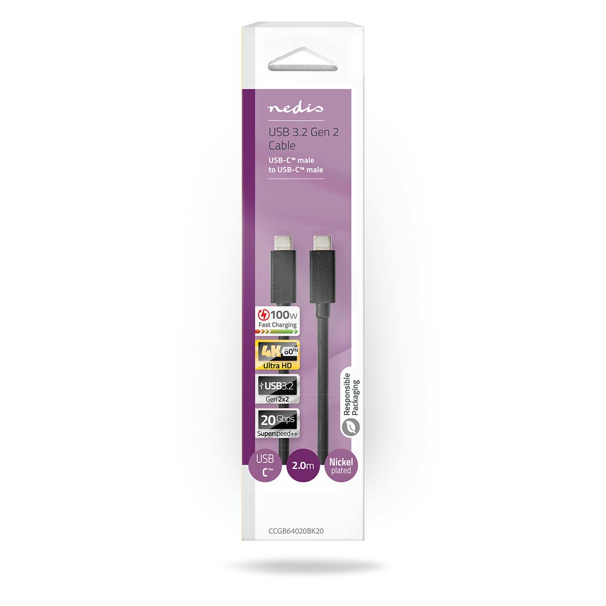 Black and white USB-C cable in white packaging. Packaging has text and graphics.