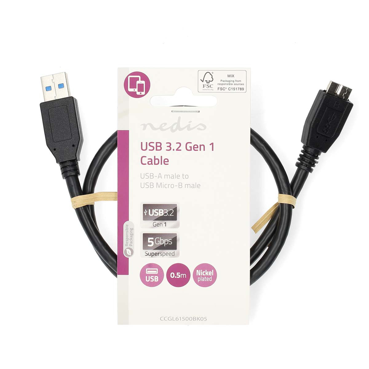 USB 3.2 Gen 1 Kabel. Schwarzes Kabel, USB-A auf Micro-B Stecker, mit weißer Verpackung.