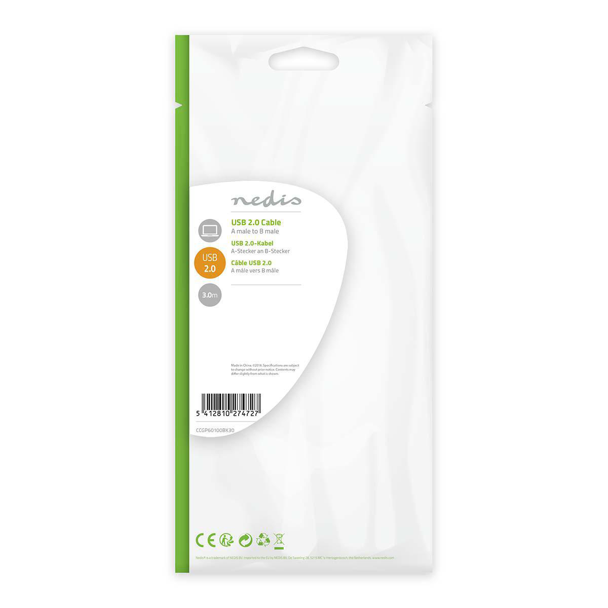 Weiße und grüne USB 2.0-Kabelverpackung. Enthält ein USB 2.0-Kabel zu einem Stecker.