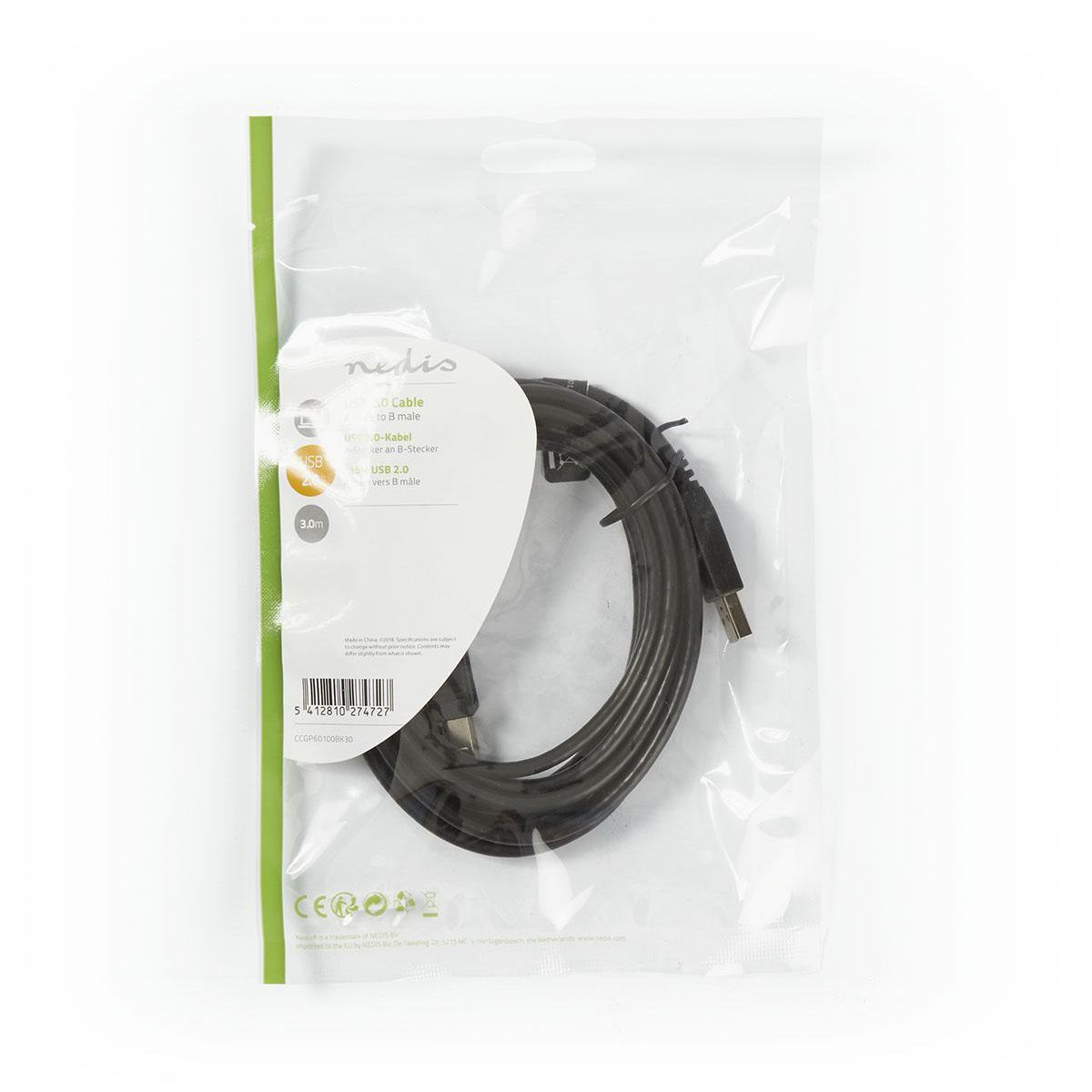 Schwarzes USB-Kabel in einer transparenten Plastiktüte mit Produktetikett.