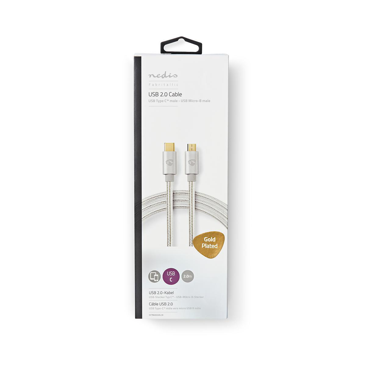 Eine weiße und silberne USB-Kabelverpackung mit Text und Grafiken zu ihren Funktionen.