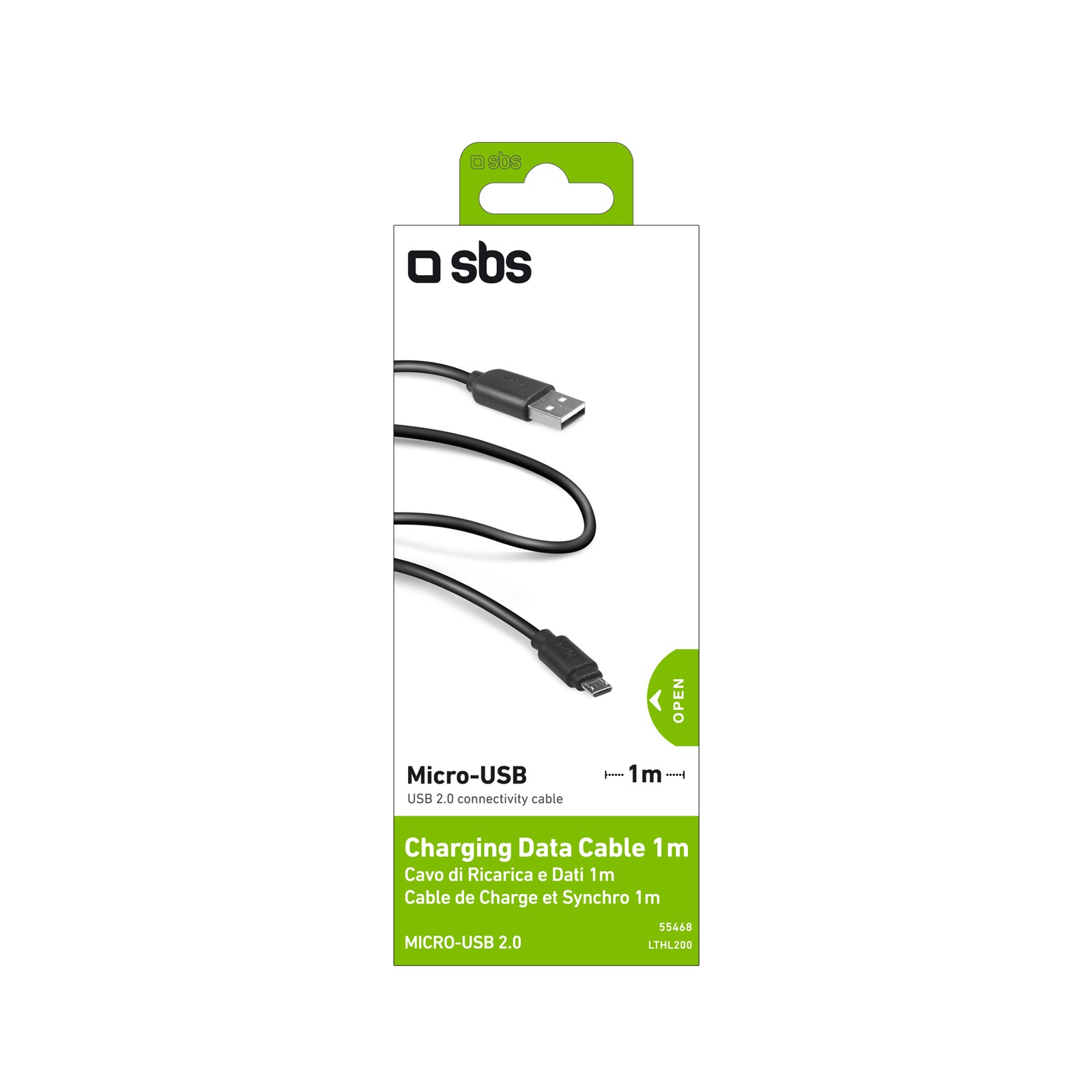 Verpakking van oplaadkabel. Zwarte kabel, Micro-USB en productdetails op groene en witte kaart.