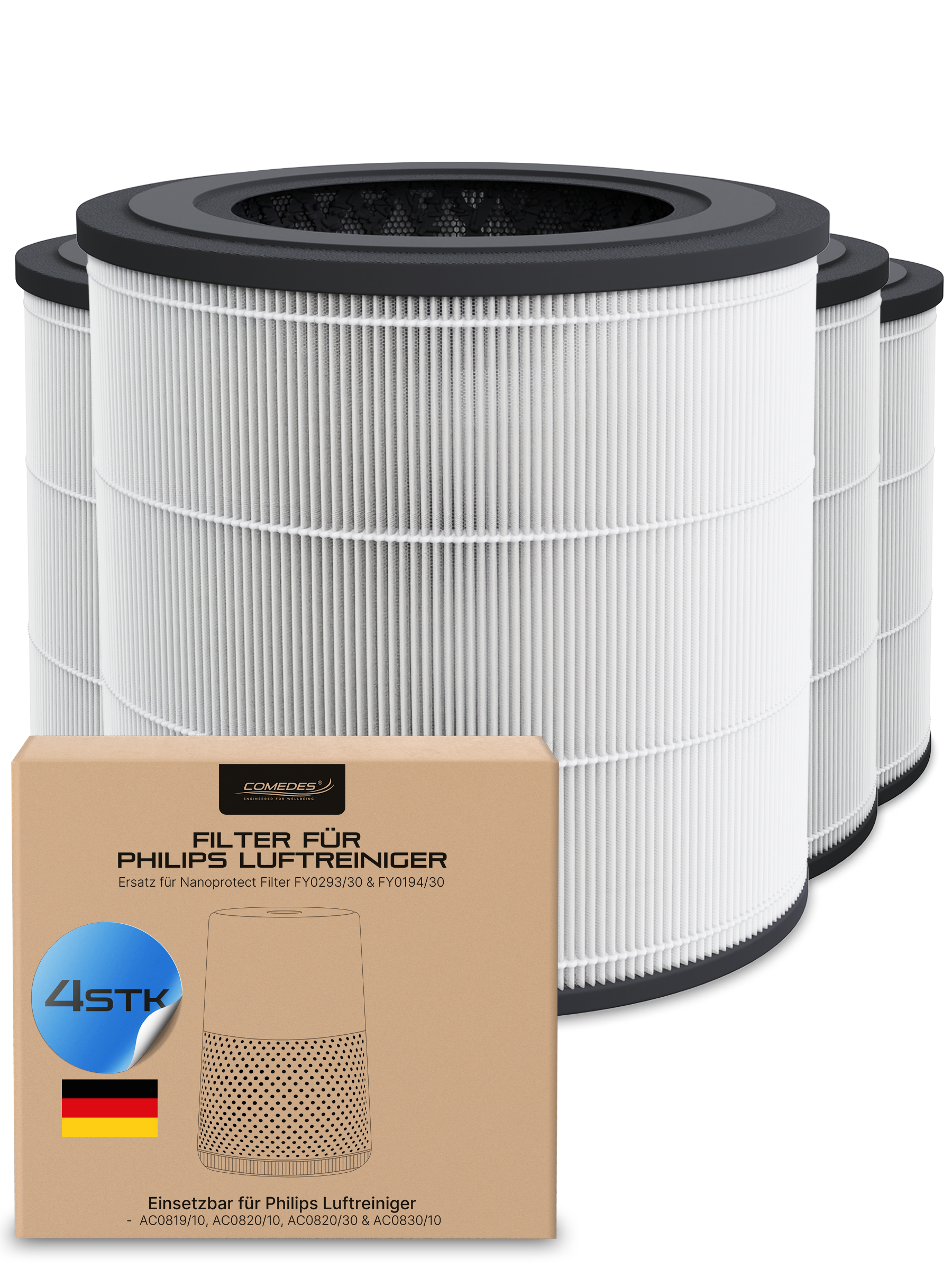 Vier Luftfilter für einen Philips Luftreiniger. Eine Box befindet sich vor den Filtern.