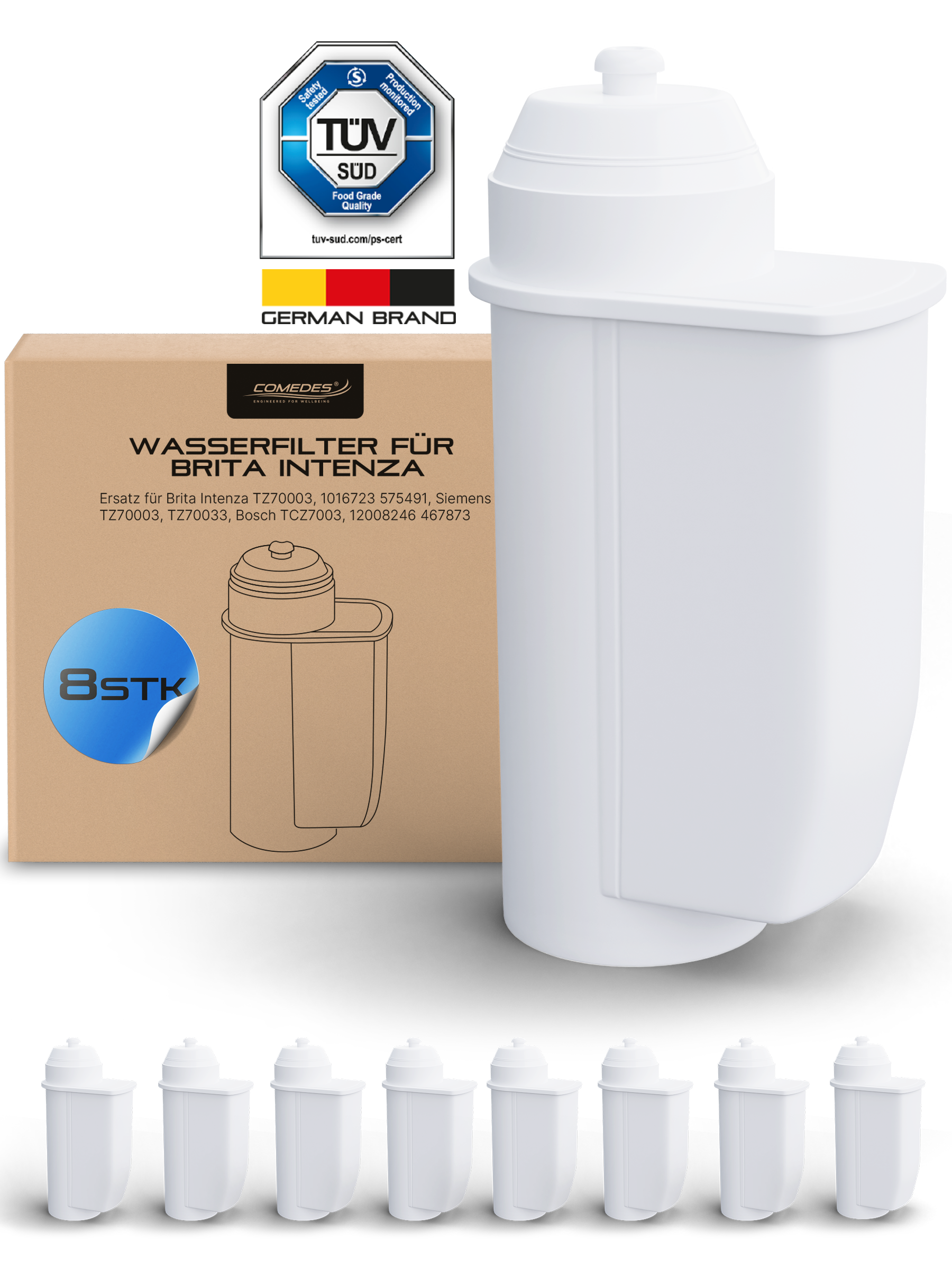 Wasserfilter, Ersatzkartuschen und Verpackung. Der Hintergrund ist weiß.