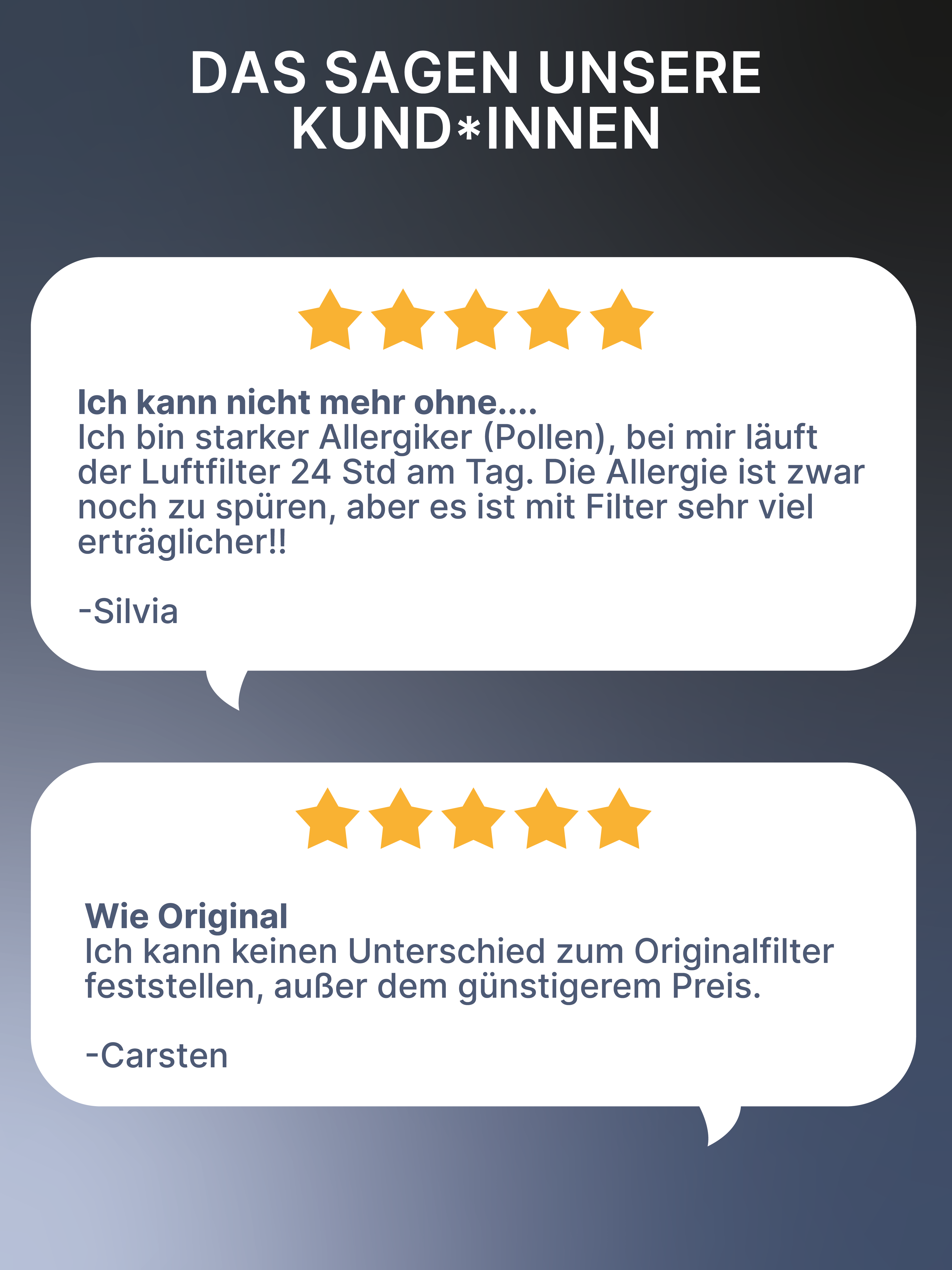 Zwei Sprechblasen mit Kundenbewertungen. Die Bewertungen sind auf Deutsch. Der Hintergrund ist ein Farbverlauf.