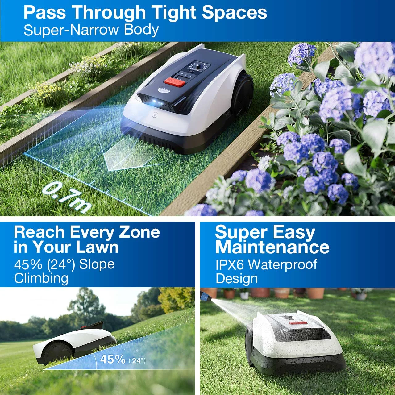 Robot koszący w ogrodzie, z nakładkami tekstowymi opisującymi funkcje: wąskie obudowa, wspinanie się po zboczu.