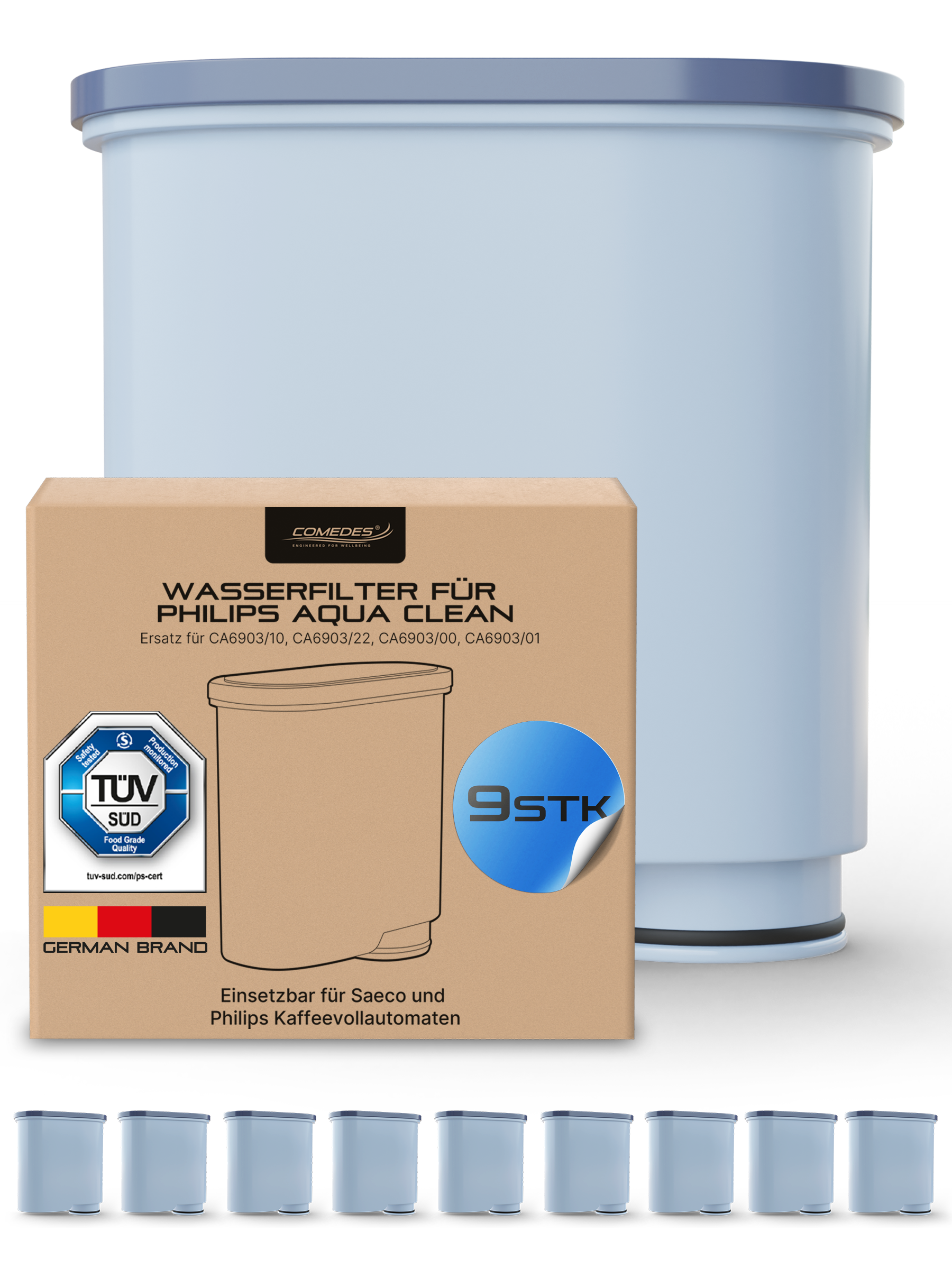 Wasserfilter für Philips Aqua Clean. Braune Box mit hellblauem Filter und mehreren Ersatzfiltern.