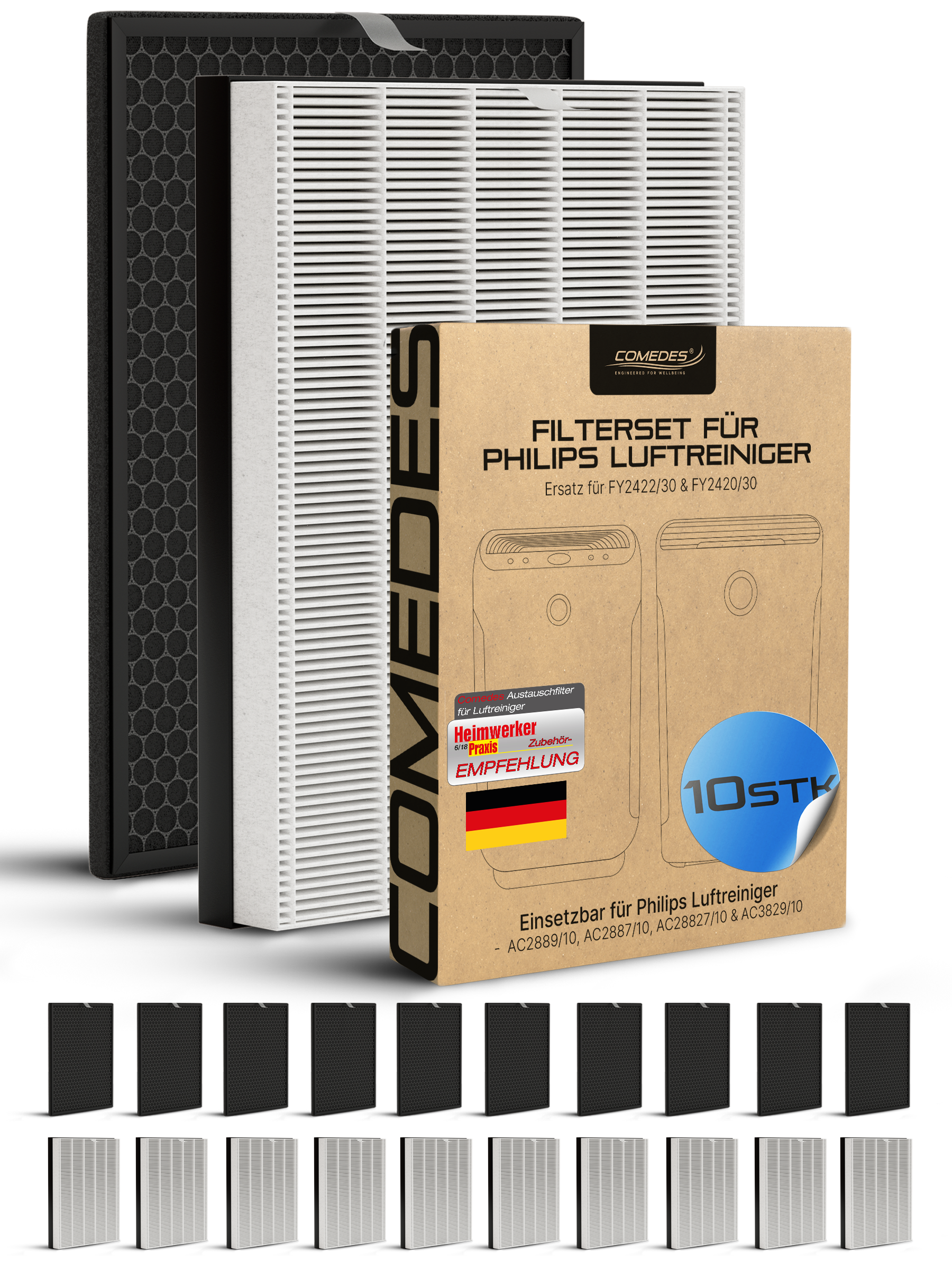 Luftfilter und eine Box mit COMEDES-Logo. Filter sind schwarz und weiß. Box sagt 'Filterset für Philips'.