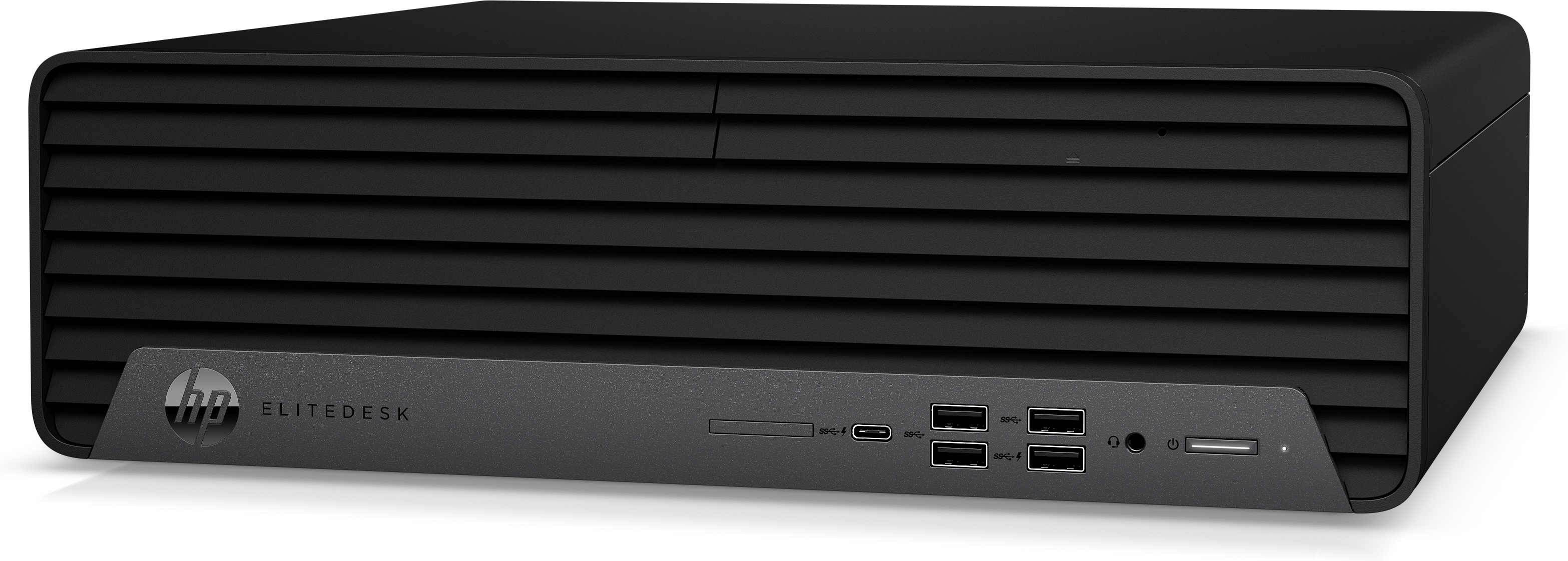 Een zwarte HP EliteDesk desktopcomputer. De voorkant heeft een logo en poorten.