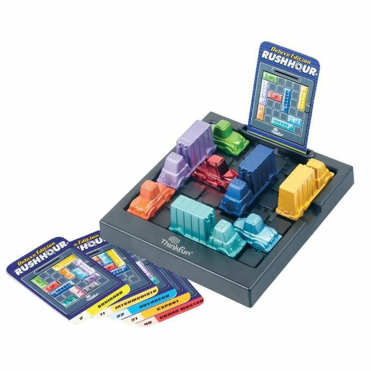 Gioco da tavolo Rush Hour con auto e carte su superficie nera.