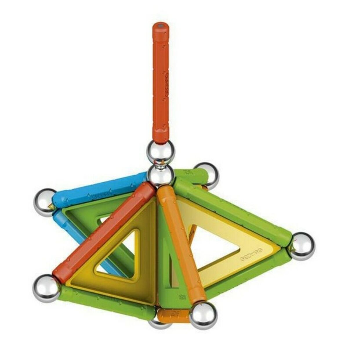 Un juguete de construcción geométrico colorido con conexiones magnéticas, primer plano.