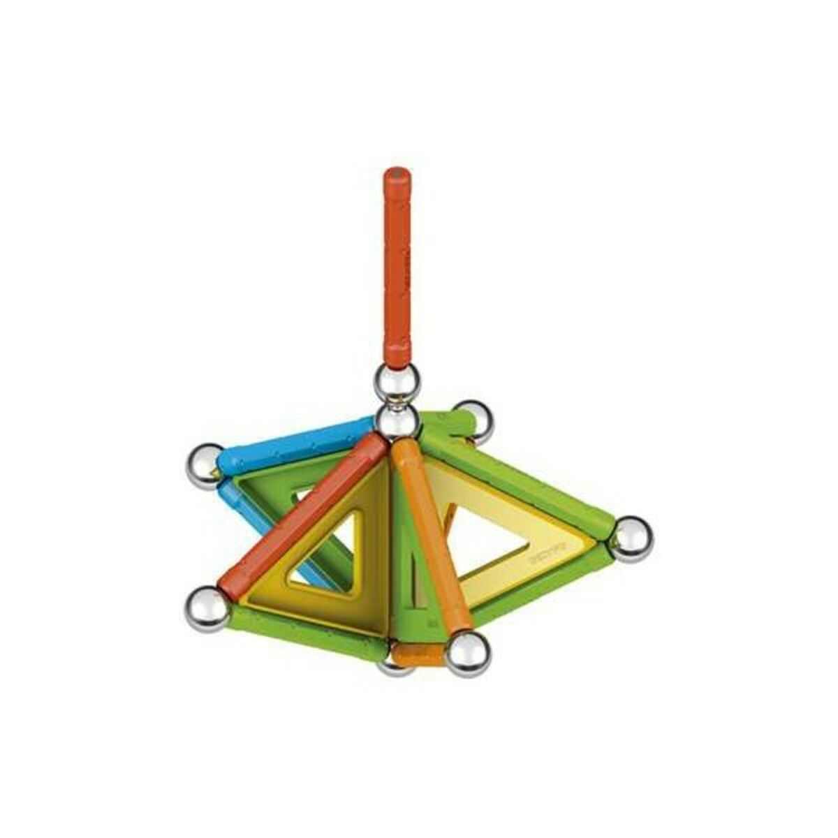 Un juguete de construcción geométrico colorido con conexiones magnéticas, primer plano.