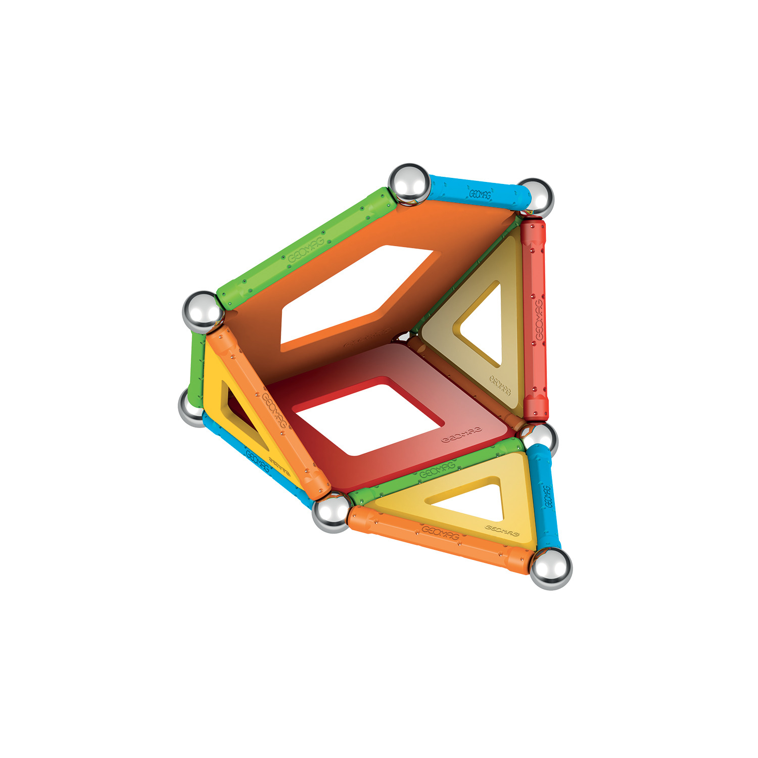 Juguete de construcción geométrico colorido con juntas metálicas, creando una estructura tridimensional. Fondo blanco.