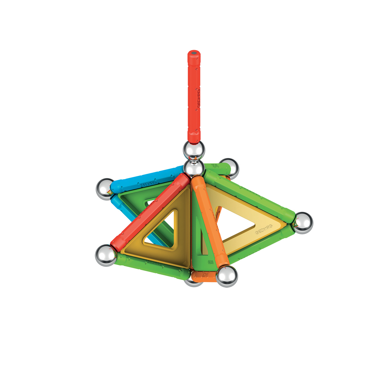 Juego de construcción magnético colorido. Triángulos y conectores, suspendidos en el aire.