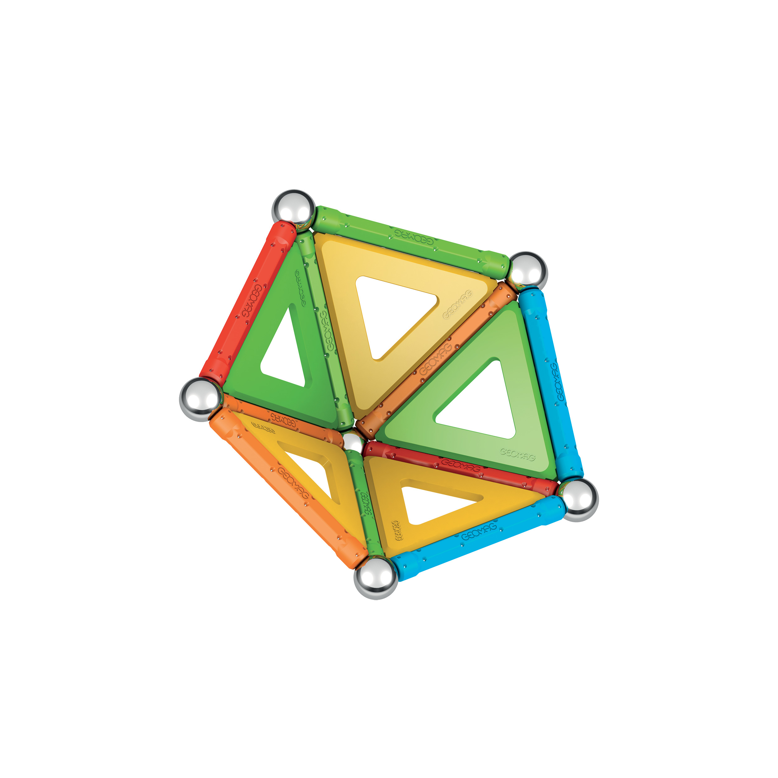 Una forma geométrica hecha de barras magnéticas coloridas y esferas plateadas. Es una estructura 3D.