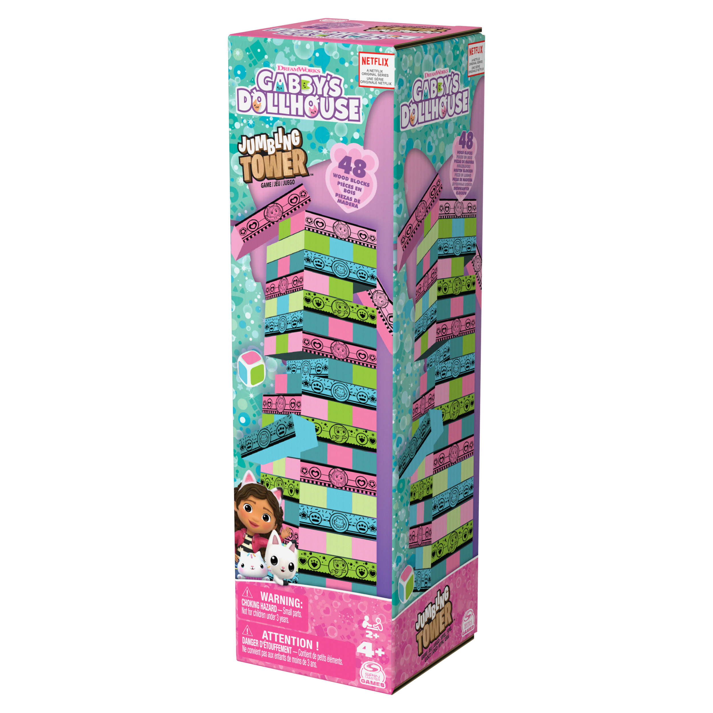 Pudełko gry Jumbling Tower z Gabby's Dollhouse. Pokazuje wieżę z kolorowych klocków i logo gry.
