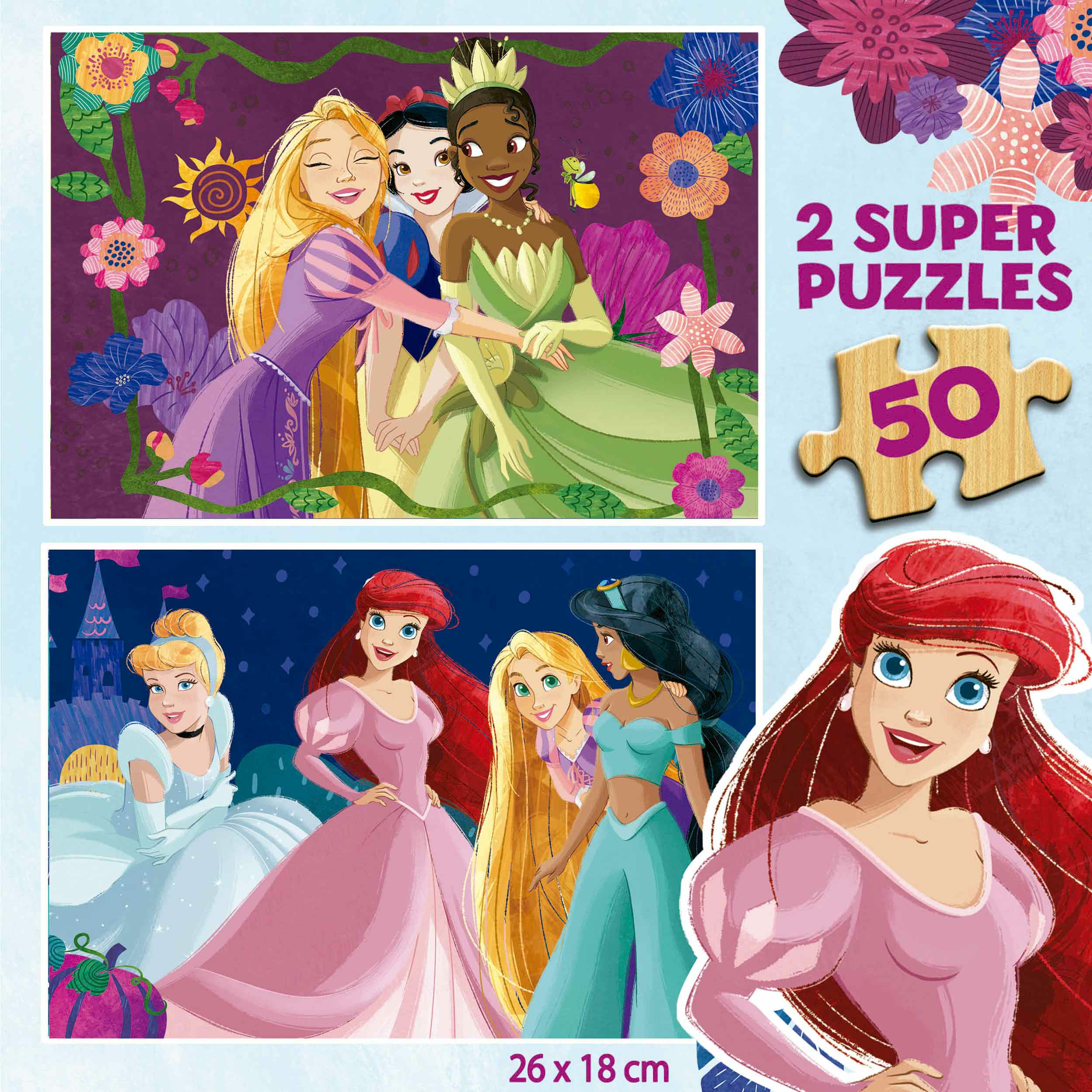 Puzzle z księżniczkami Disneya. Zawiera Roszpunkę, Królewnę Śnieżkę, Tianę, Jasminę i Ariel.