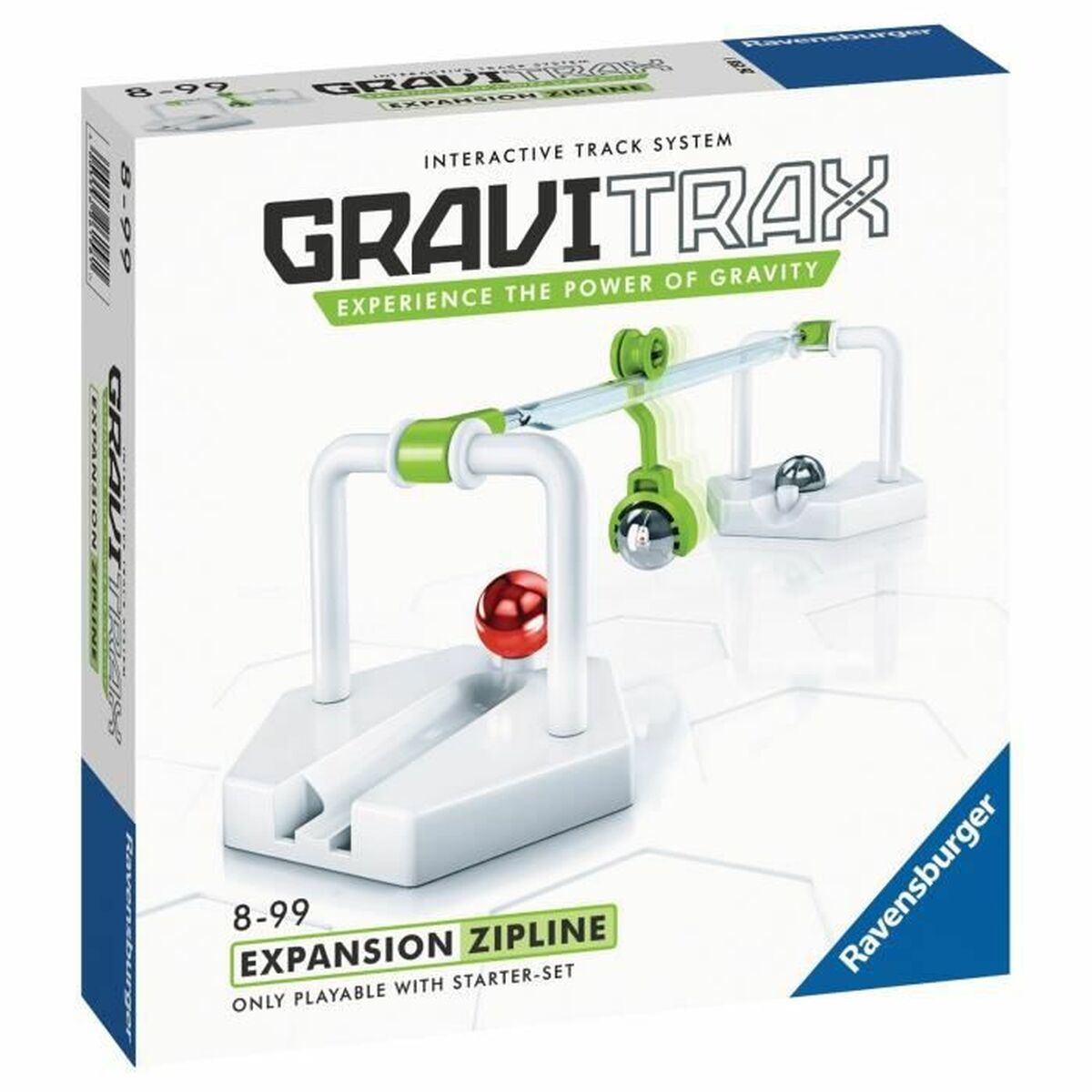 Scatola con espansione Gravitrax zipline per un sistema di piste per biglie. Testo in inglese.