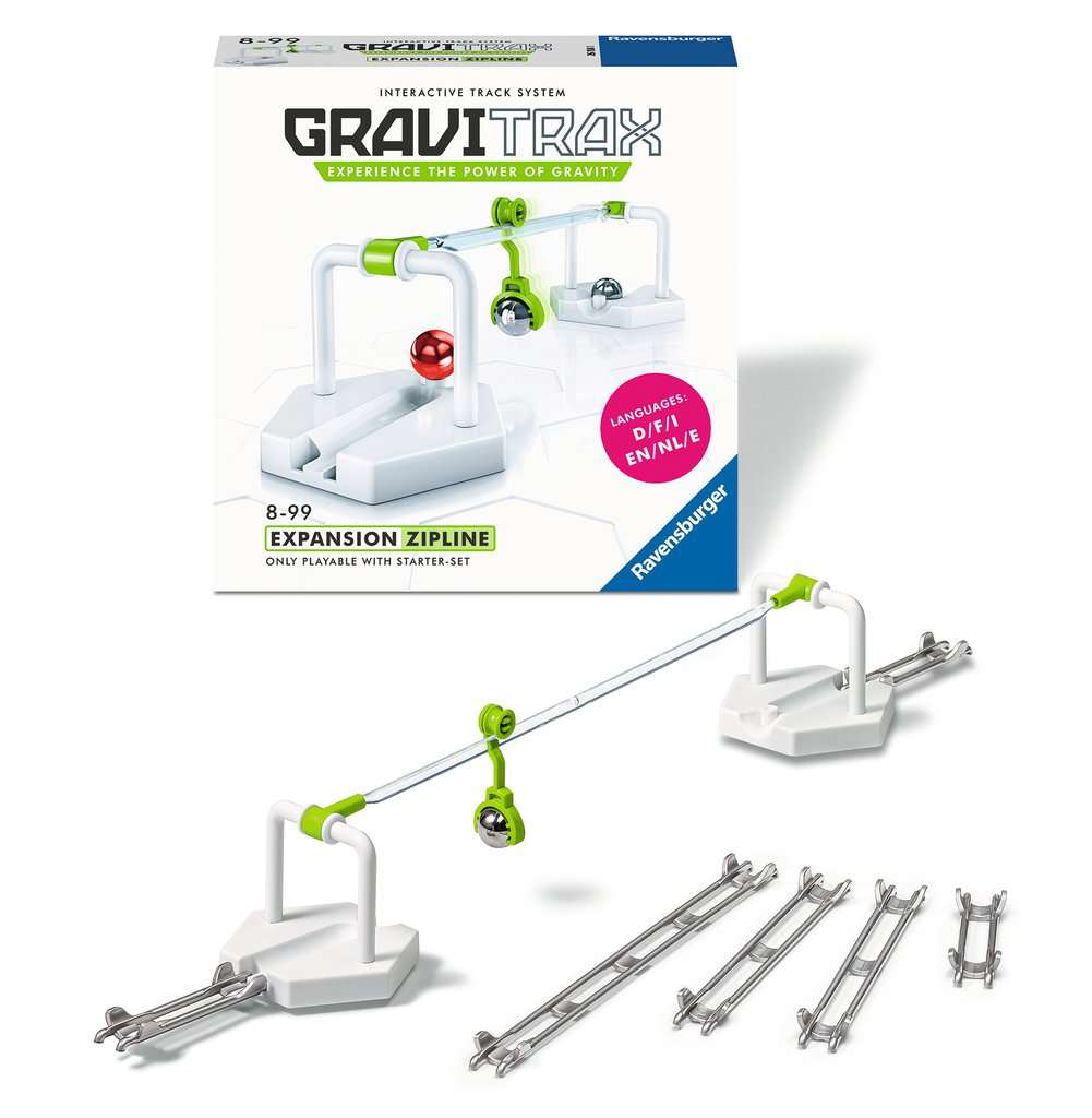 Sistema di pista GraviTrax con zipline, sfere e pezzi di pista su una superficie bianca.