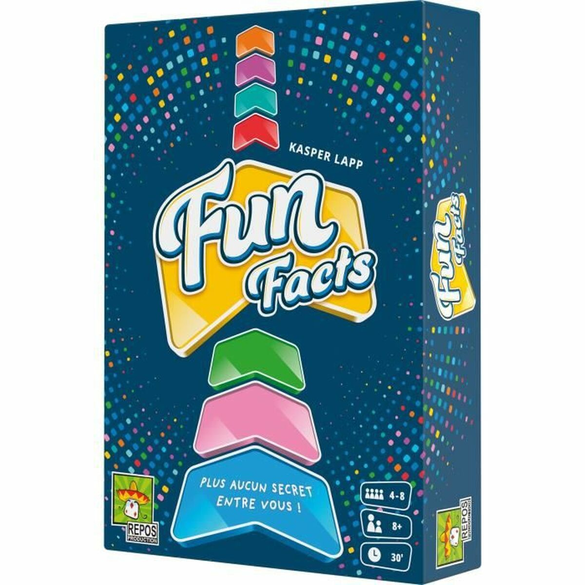 Schachtel des Brettspiels 'Fun Facts' mit bunten Pfeilen und Text in mehreren Sprachen.