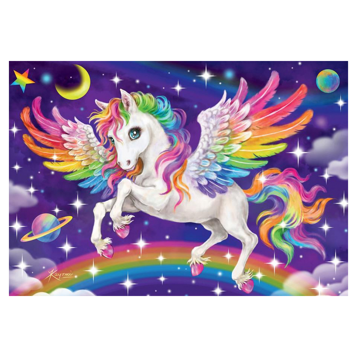 Unicorno colorato con ali arcobaleno e un arcobaleno sullo sfondo. Cielo notturno stellato.