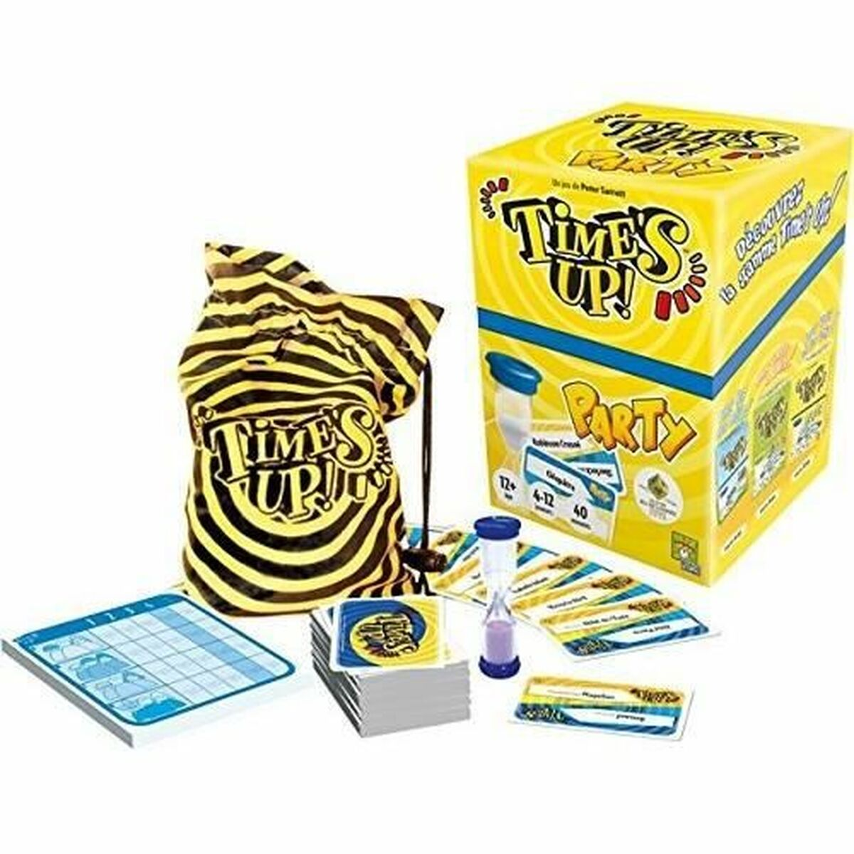Set di gioco da tavolo Times Up! Party con scatola, carte, clessidra e sacchetto.