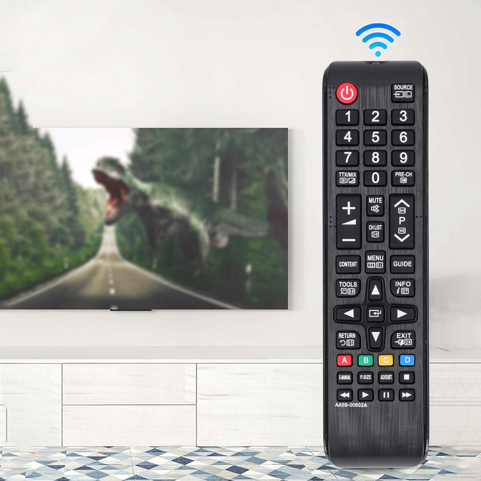 Fernbedienung auf einen Fernseher gerichtet, auf dem ein Dinosaurier abgebildet ist.
