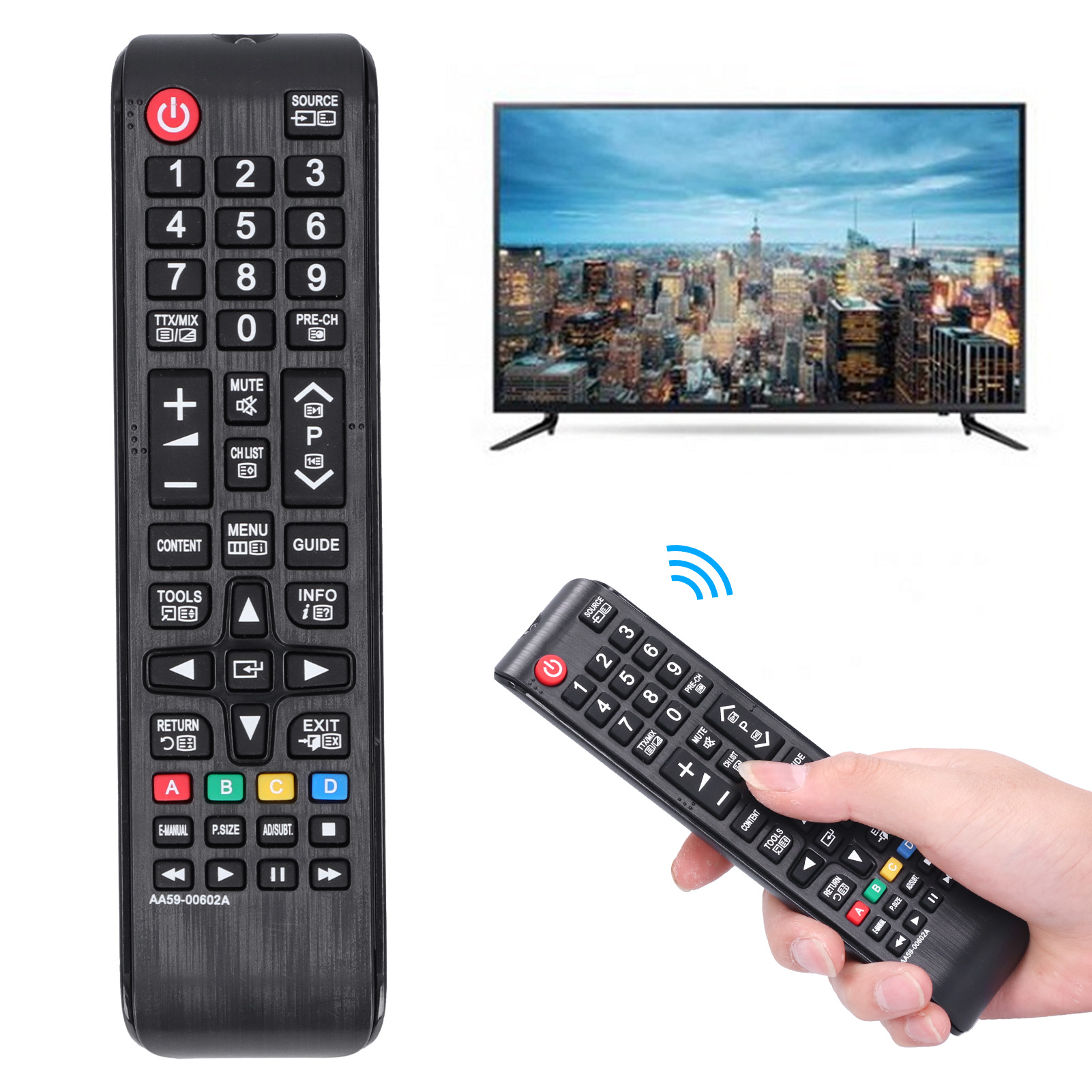 TV-Fernbedienung in der Hand, auf einen TV mit Stadtbild zeigend. Mehrere Fernbedienungen.