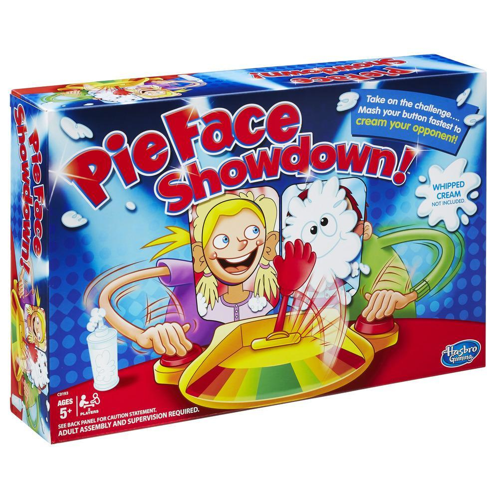 Pudełko gry Pie Face Showdown z postaciami z kreskówek, kolorowy design.