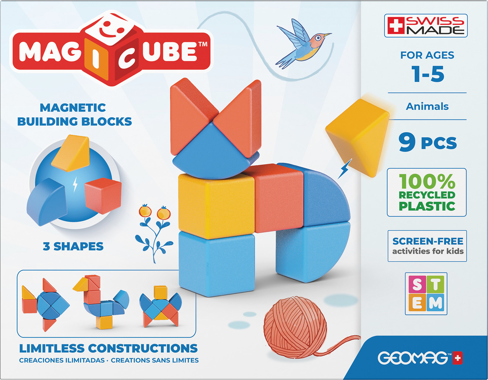 Ein MagCube-Box-Set mit bunten magnetischen Bausteinen, mit tierförmigen Beispielen.