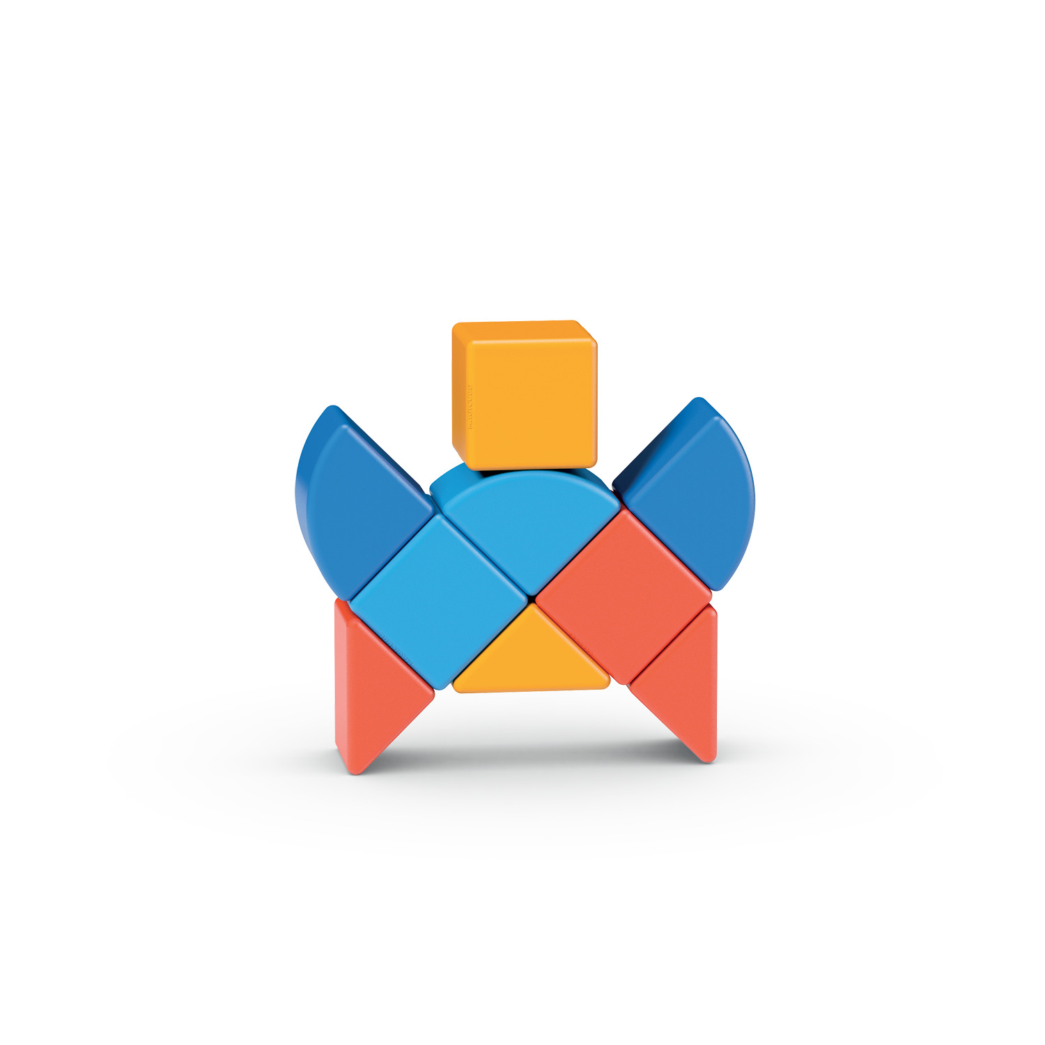 Ein farbenfrohes Spielzeug aus geometrischen Formen. Es ist eine Kombination aus Quadrat, Dreiecken und Halbkreisen.