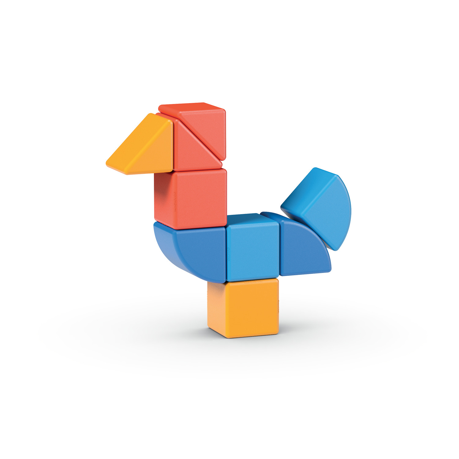Ein Vogel aus bunten geometrischen Formen in Blau, Orange und Rot auf weißem Hintergrund.