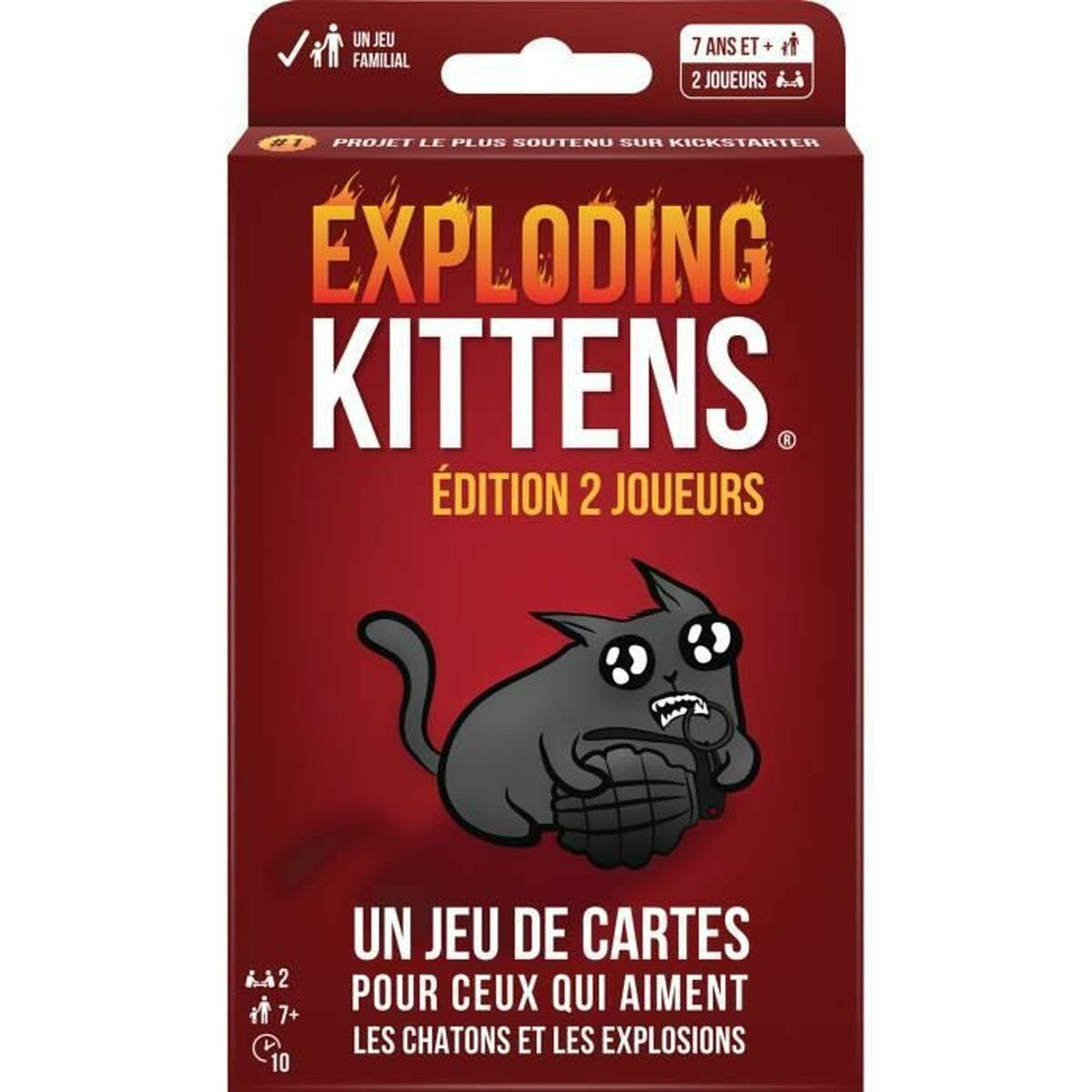 Exploding Kittens Kartenspielbox. Rote Box mit einer schwarzen Katze und Text.